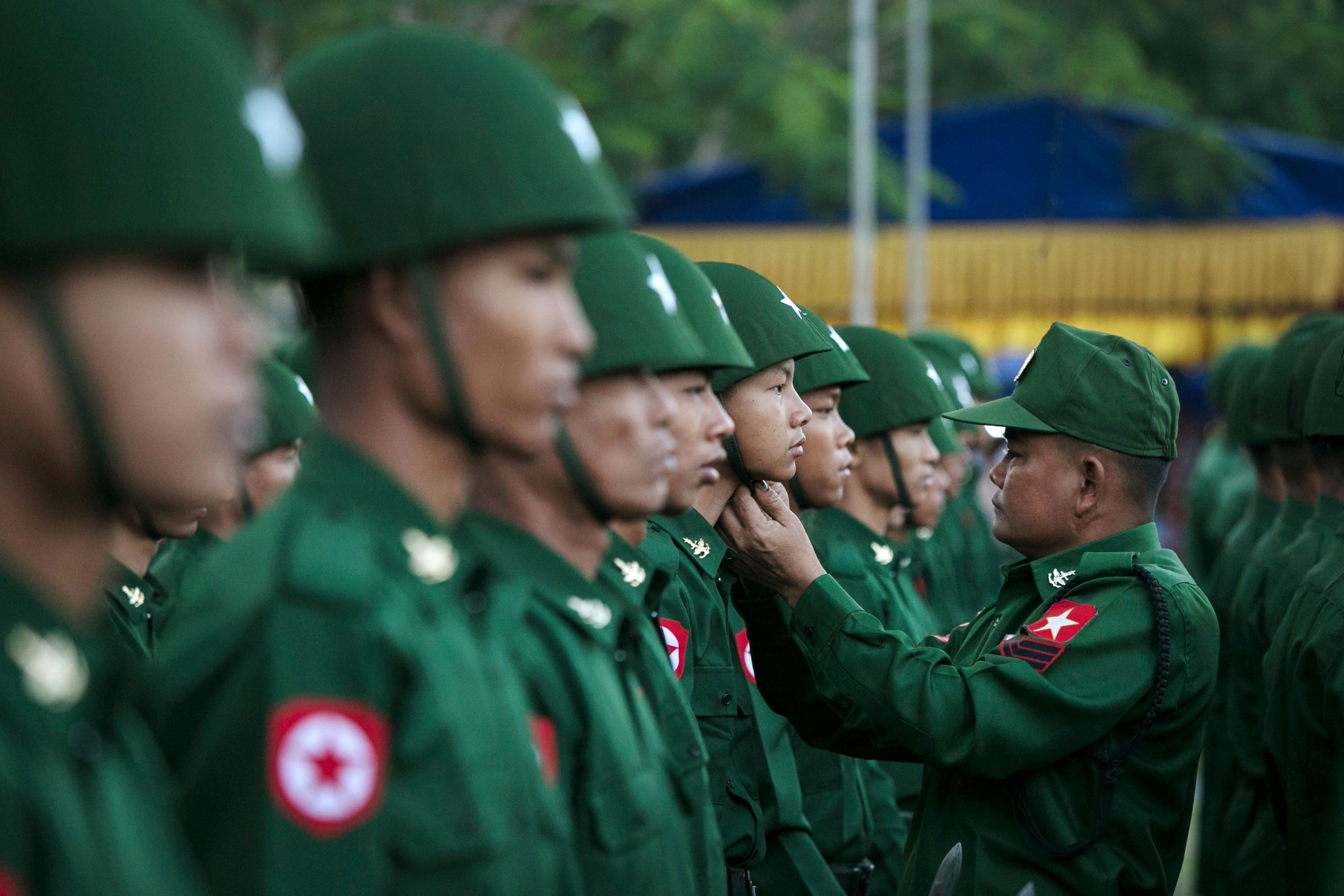 Members of the Myanmar military honor guard take part in a ceremony to mark the 73rd National Union Day in Yangon on Feb. 12. (Photo by Sai Aung Main/AFP)