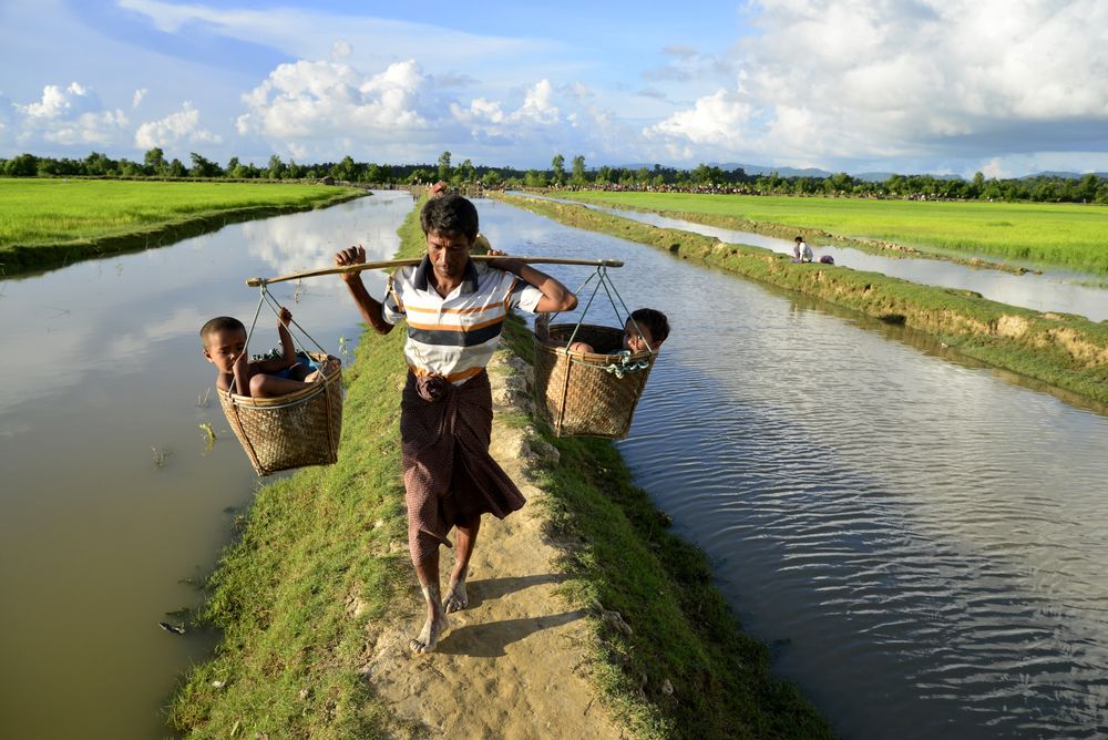 A Rohingya man carrying children crosses Bangladesh's border