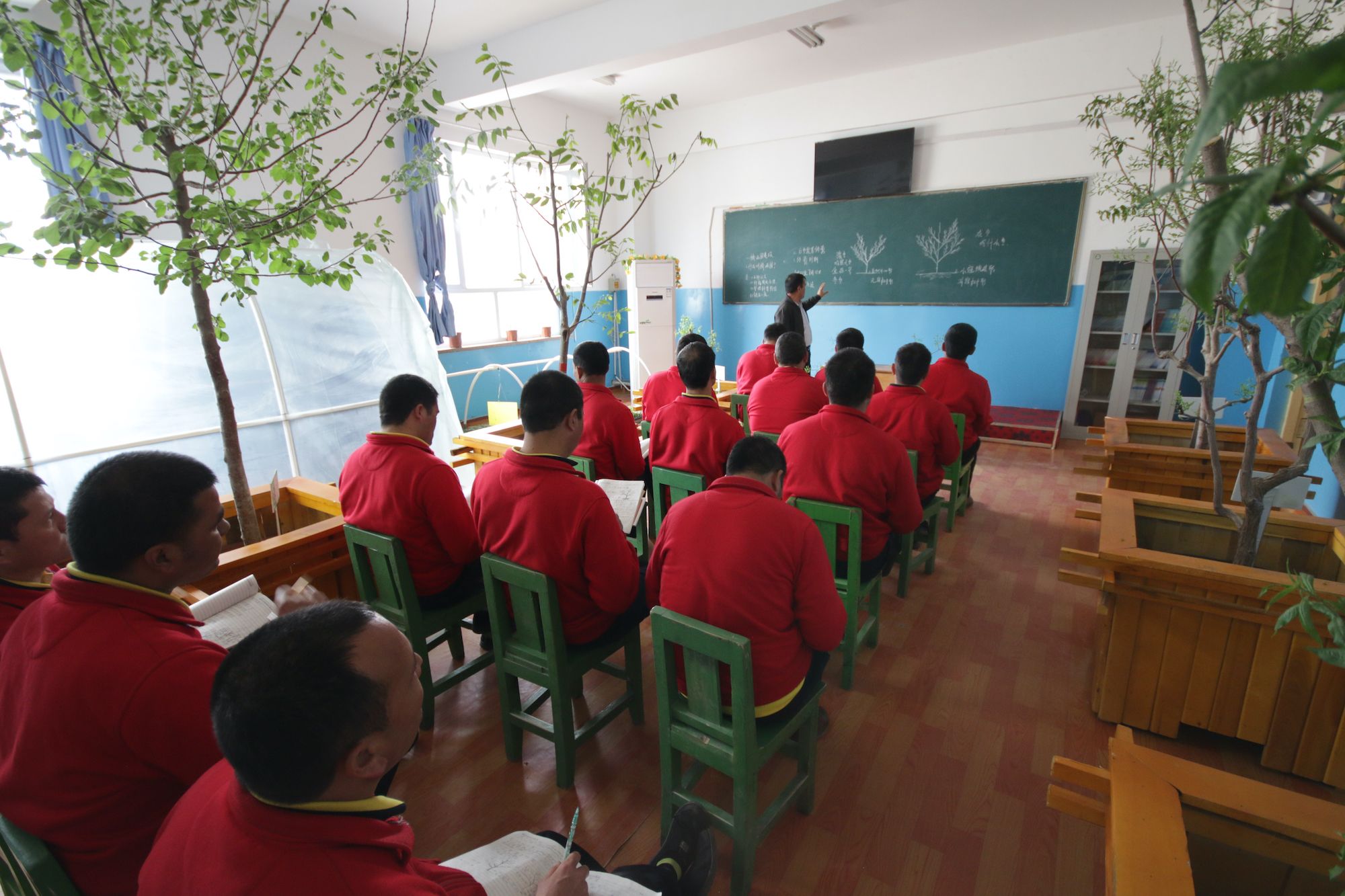 A photo taken during a press tour organized by the Chinese government of Uyghurs supposedly learning gardening in a re-education camp — that the Chinese label as a vocational skills training center — in Moyu County, Hotan Prefecture in Xinjiang. (shutterstock.com photo)